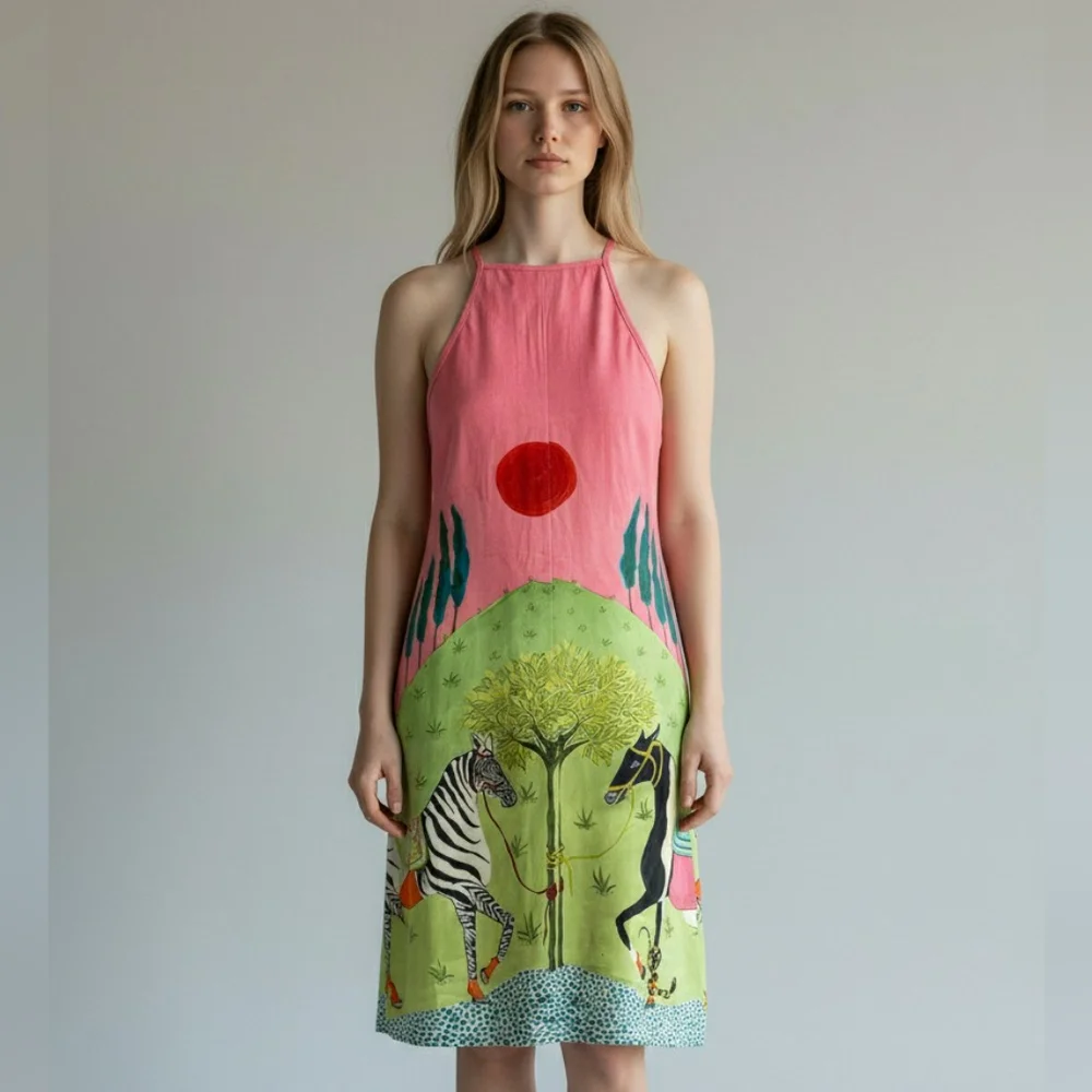 NEW! Pink & Green Halter Mini Dress - Artsy Horse & Zebra Design (Multple Sizes) - Picture 1 of 4